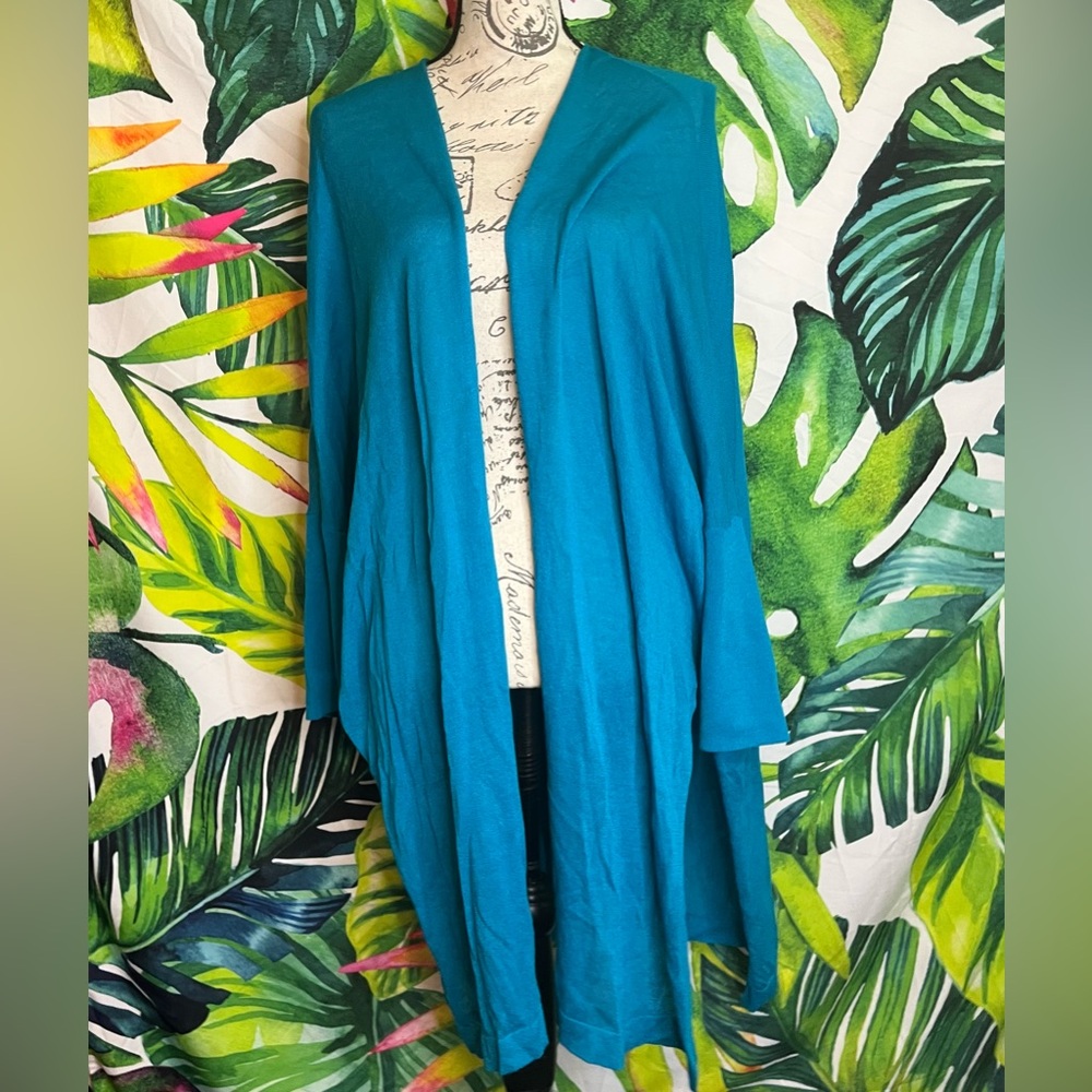 Chico’s Women’s L Turquoise Blue Sheer Lightweight Spring Kimono Open Cardigan